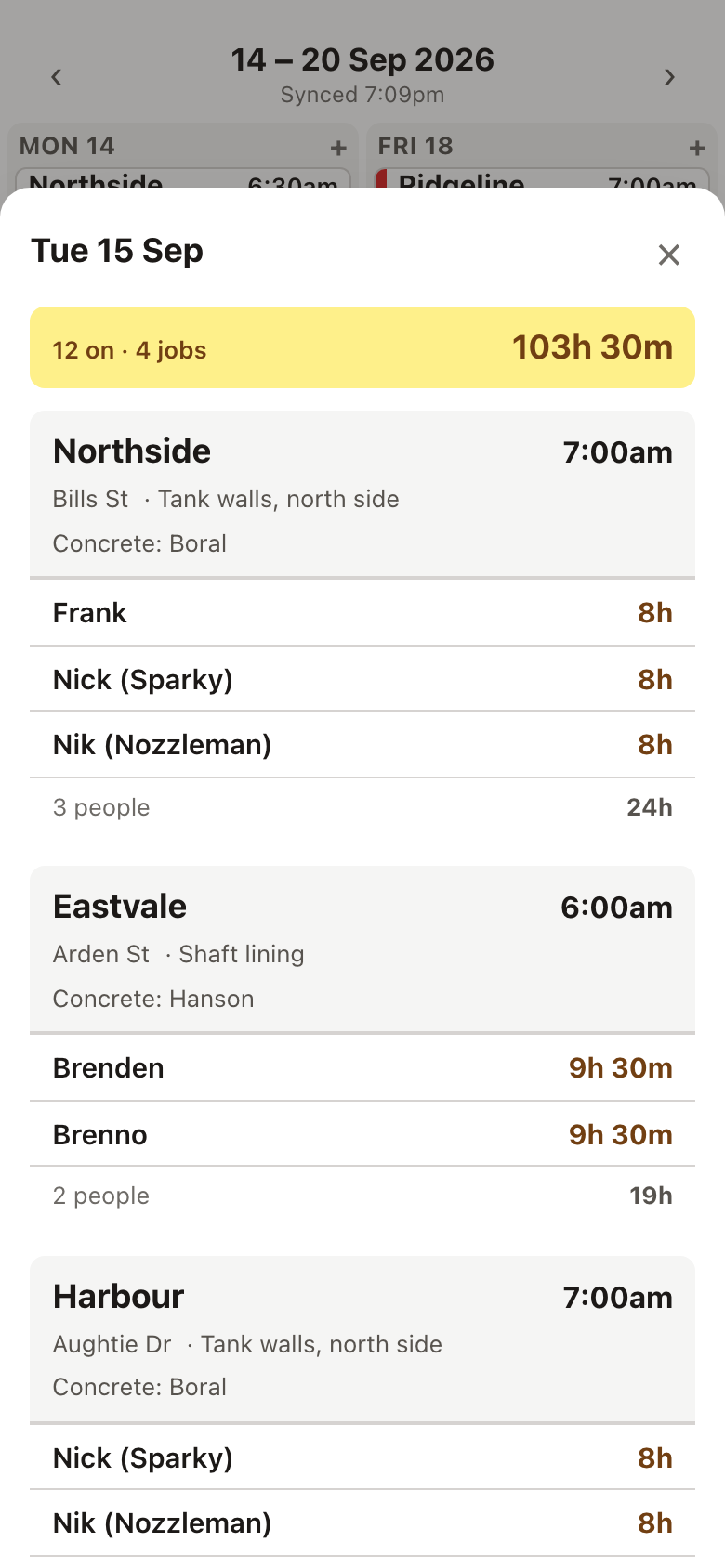 A single day expanded: two jobs, each crew member on their own row with their hours, and a total for the day.