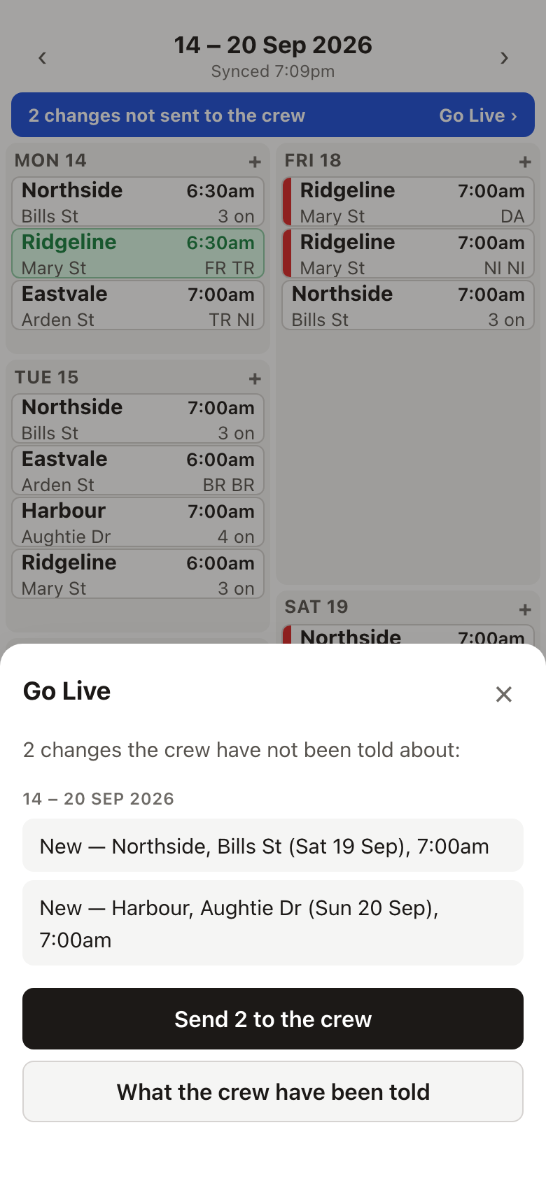 The Go Live screen, listing every change the crew have not been told about yet.