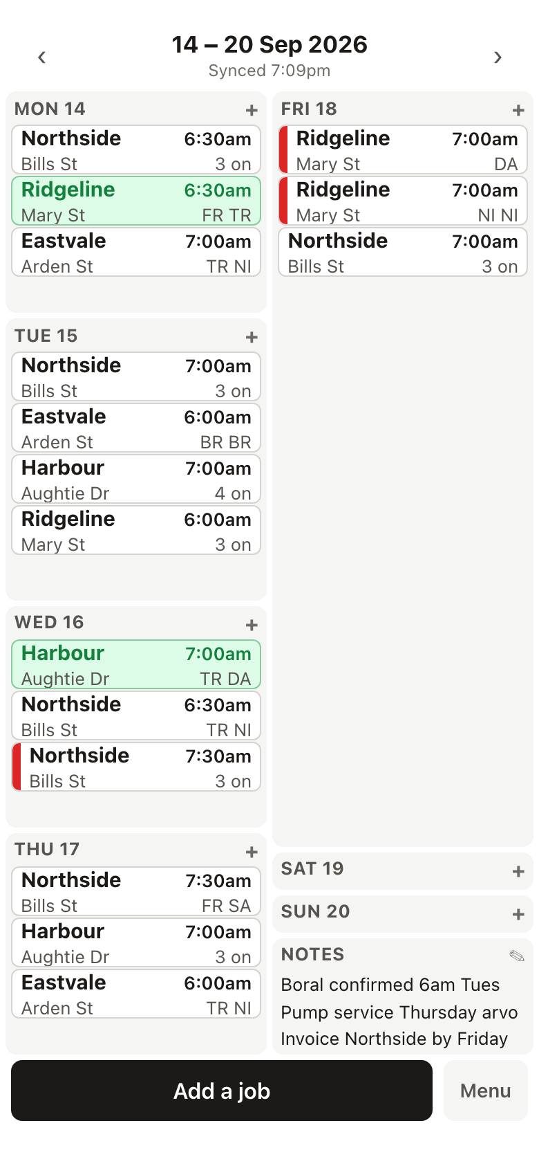 The Sitecall week view on a phone: seven days on one screen, each job showing the client, the site, the start time and who is on.
